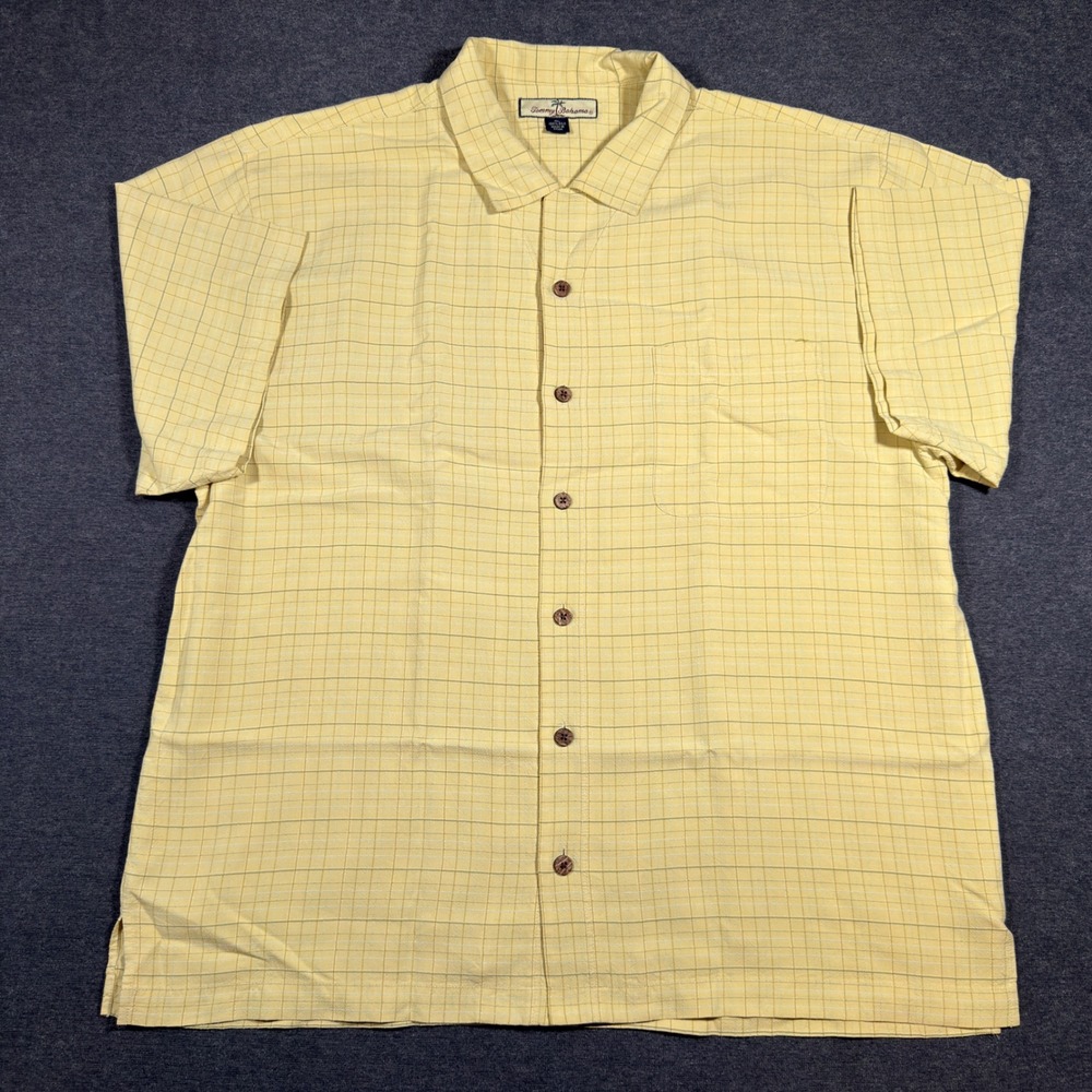 Tommy Bahama Button Up Shirt Mens XL Yellow Silk Plaid Short Sleeve Camp Casual